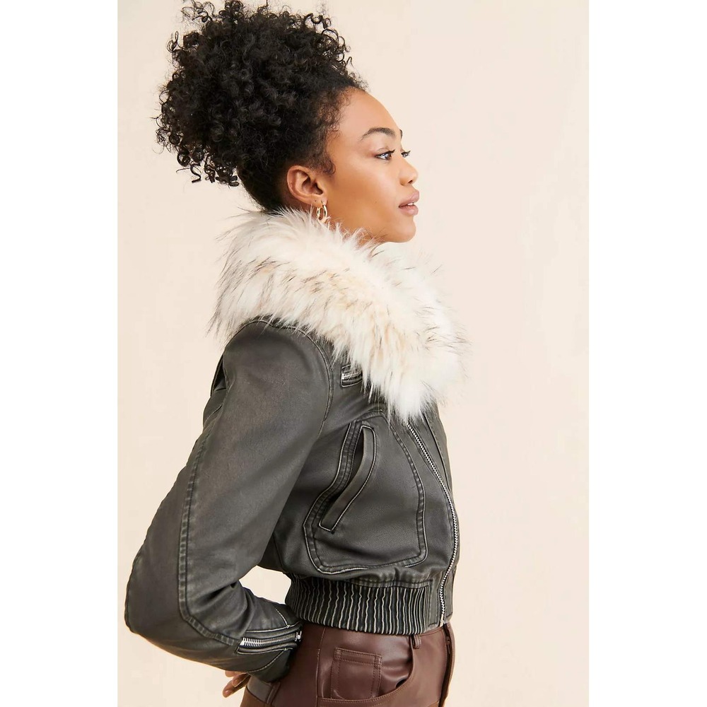 BlankNYC Moonlighter Vegan Leather Bomber Faux Fur Collar Jacket XS Anthro